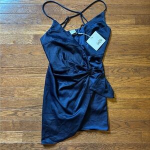 Selfie Leslie Navy Asymmetrical Ruched Wrap Mini Dress